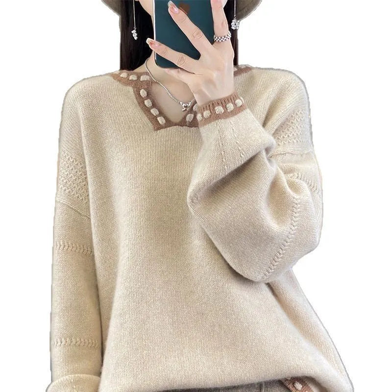 Women's camel colour V-neck viscose fibre sweater with long sleeves on hanger