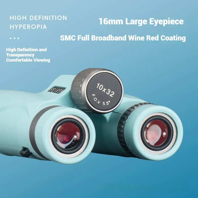 Blue and grey 10x32 binoculars with wine red film lenses, shown with dimensions.