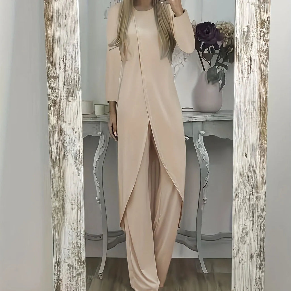 Casual long sleeve polyester two-piece set in khaki, showing loose round neck top and full-length trousers.