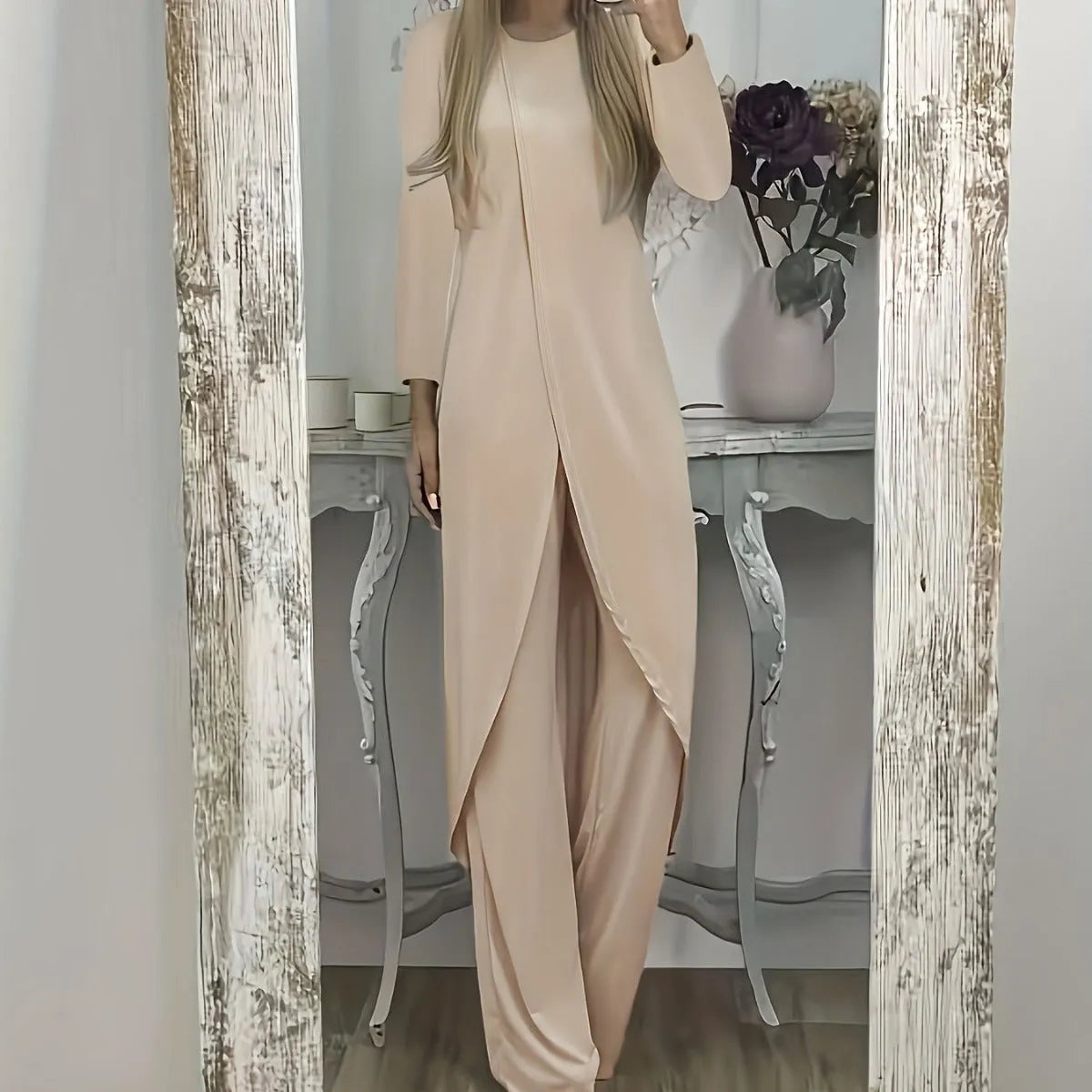 Casual long sleeve polyester two-piece set in khaki, showing loose round neck top and full-length trousers.