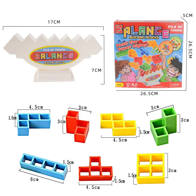 Plastic balance stacking game with 16 colourful building blocks, chassis, and base on a table.