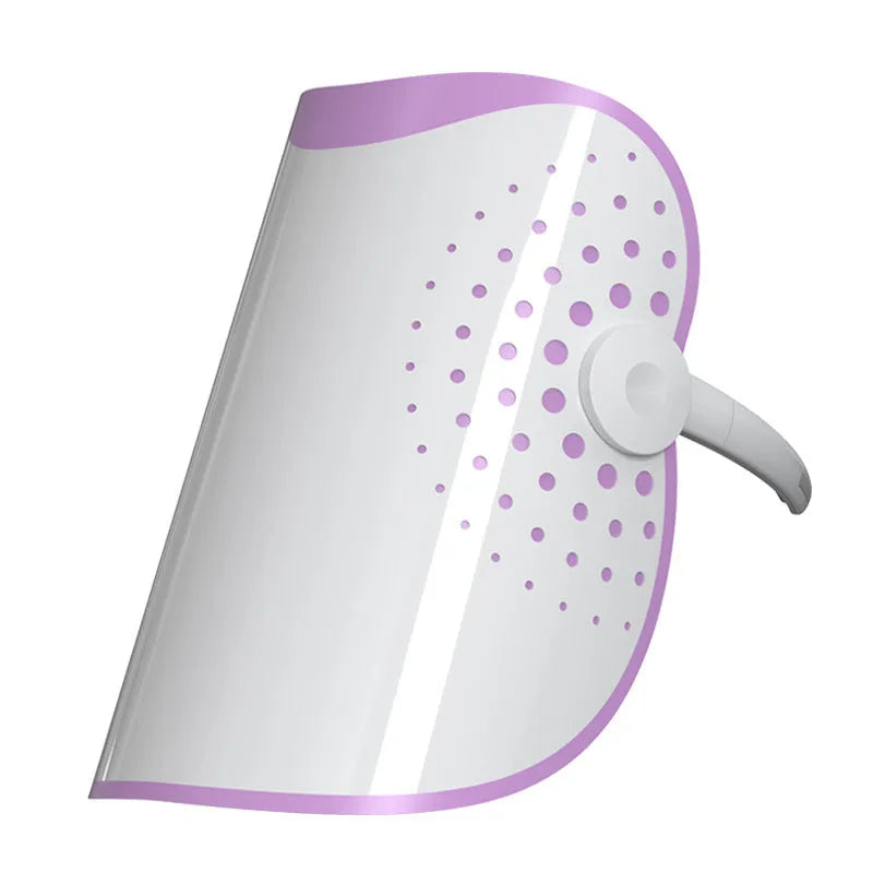 White and purple photon beauty mask with plug-in power cord for home light therapy treatments