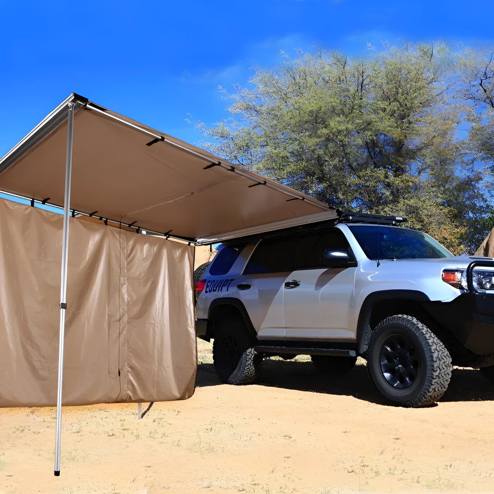 Green camouflage camping tent with aluminium poles showing two-room interior and optional side extension