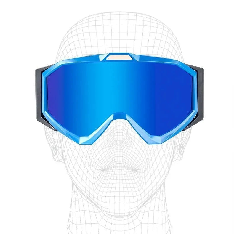 Double layer motorcycle goggles with TPU frame and anti-fog lens in black red blue or silver with storage bag