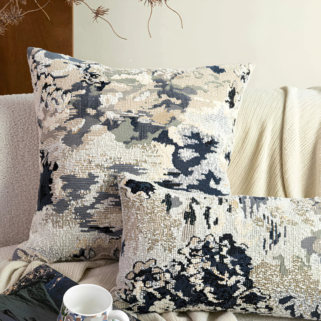 Blue wool blended decorative cushion with abstract flower pattern, shown in square and waist sizes.