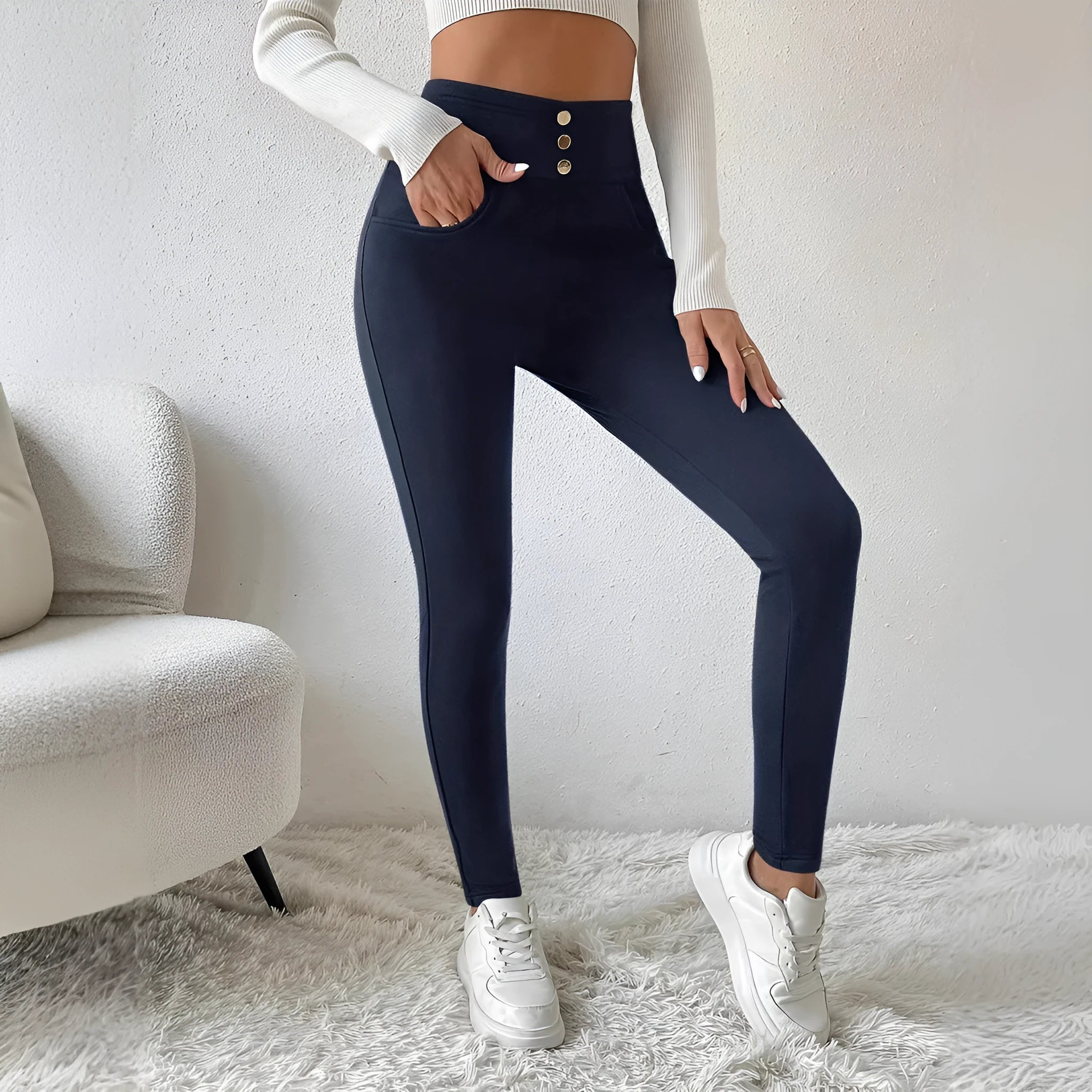 Navy blue high-waist women's casual straight-leg trousers on a hanger.