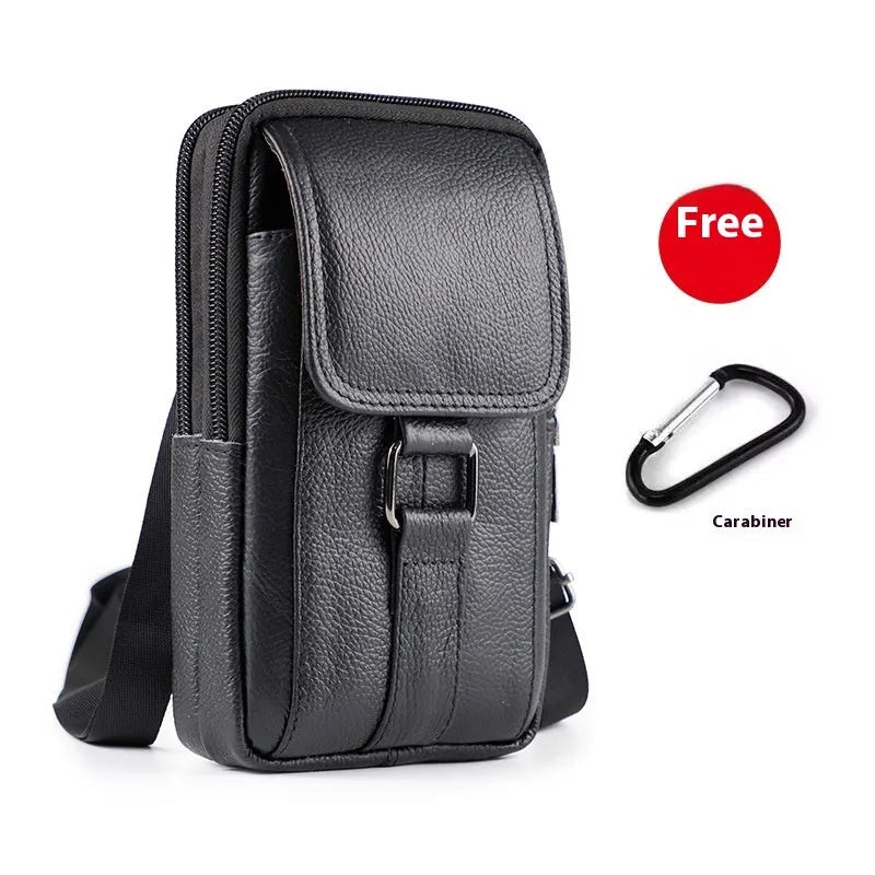 Men's genuine leather crossbody waist bag in black with lock detail and vertical square shape