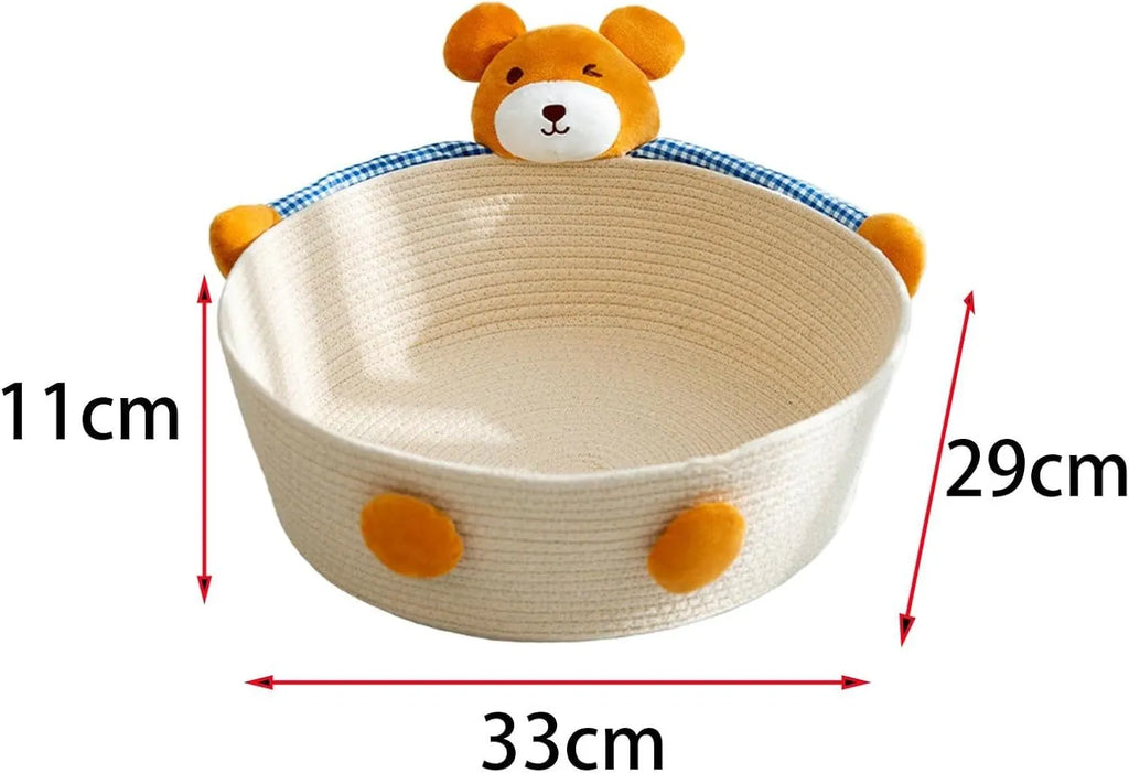 Woven cotton rope cat bed with scratching board in bear design