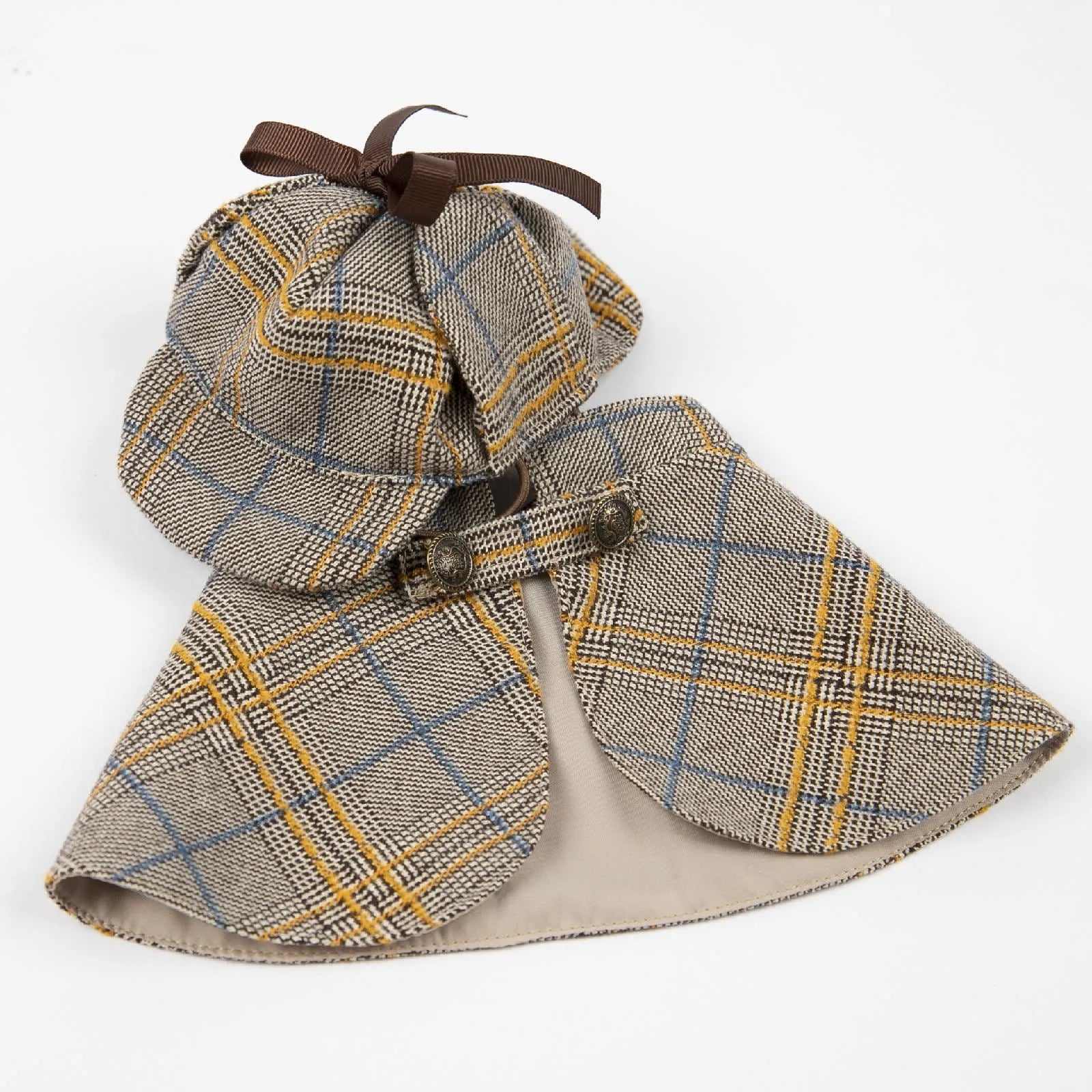 Camel-coloured cotton detective cloak for a pet, showing the adjustable hood and cloak length.