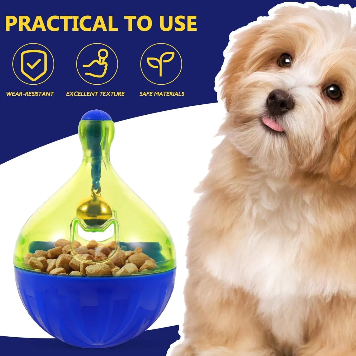 Blue tumbler-shaped pet treat dispenser toy for interactive feeding