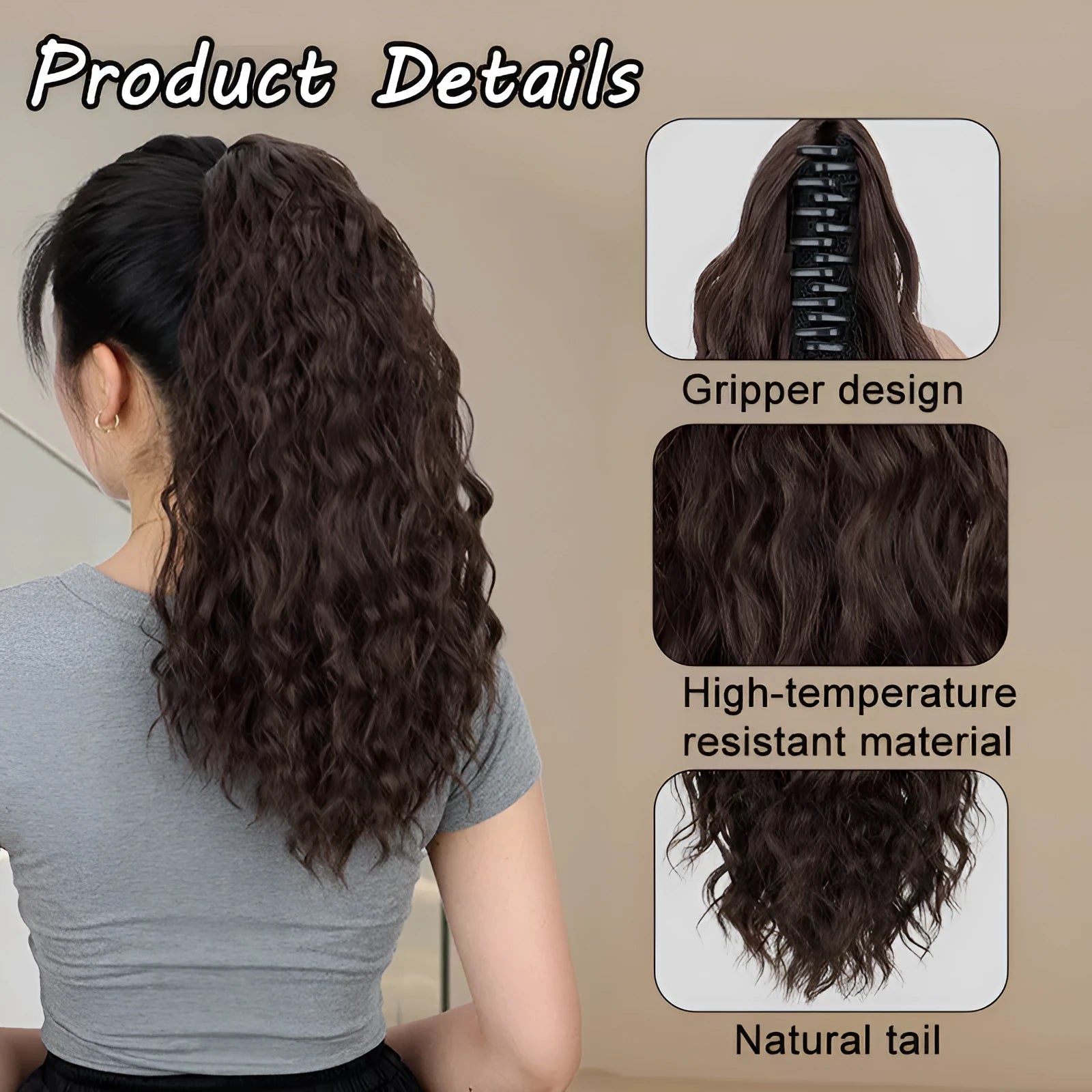 Synthetic corn curler wig with a textured water ripple grip ponytail, shown in a dark brown colour.
