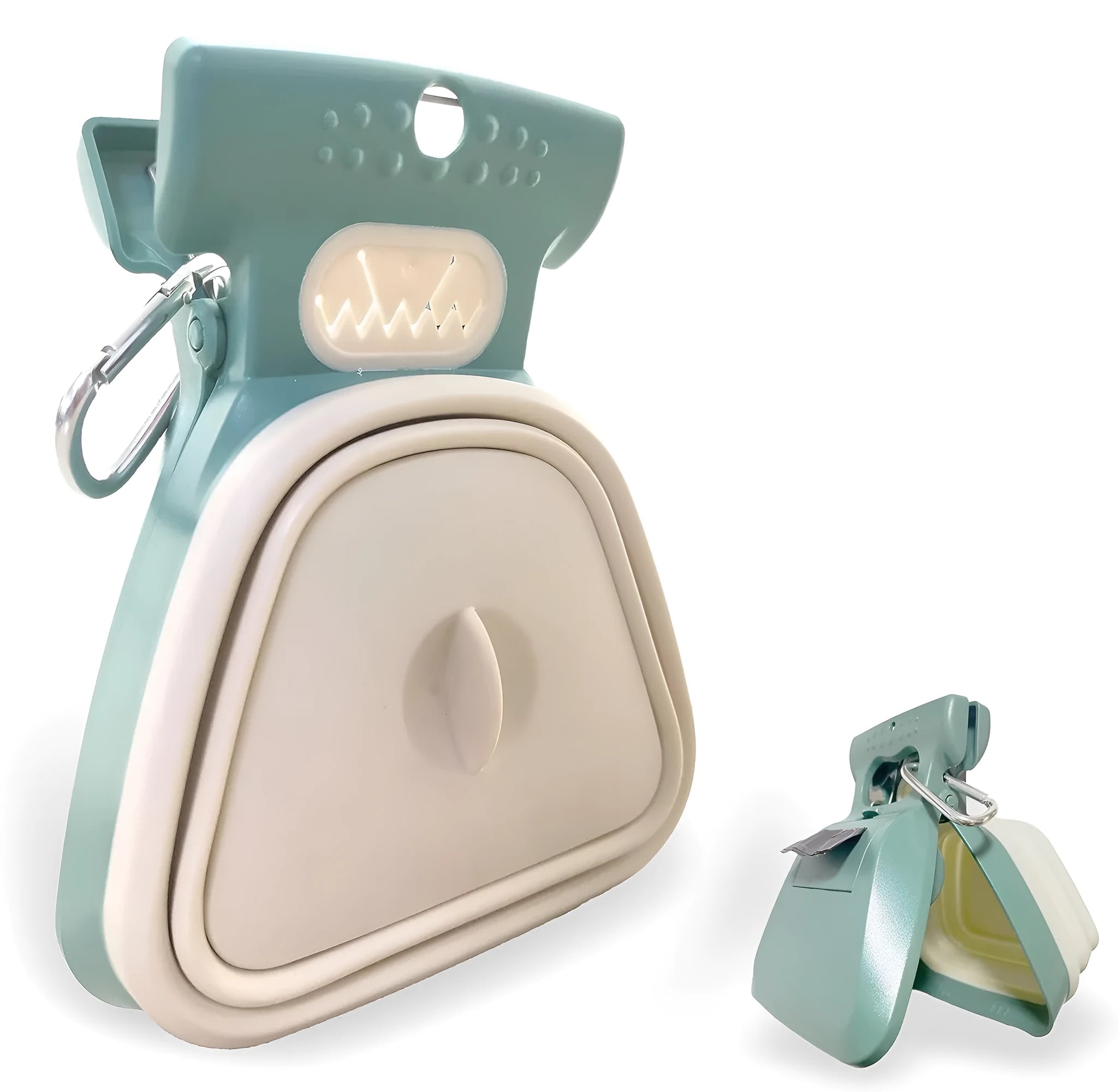Blue portable dog pooper scooper with clip, unfolded waste container, and integrated bag dispenser.