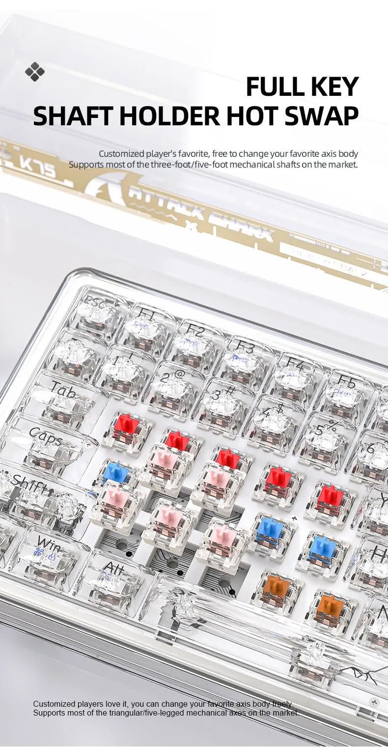 Attack Shark K75RGB white transparent wireless mechanical keyboard with RGB lighting on a desk.