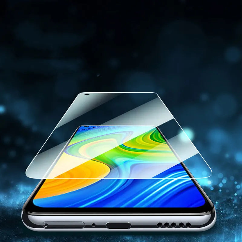 Xiaomi mobile phone tempered glass screen protector showing edge-to-edge coverage on phone display