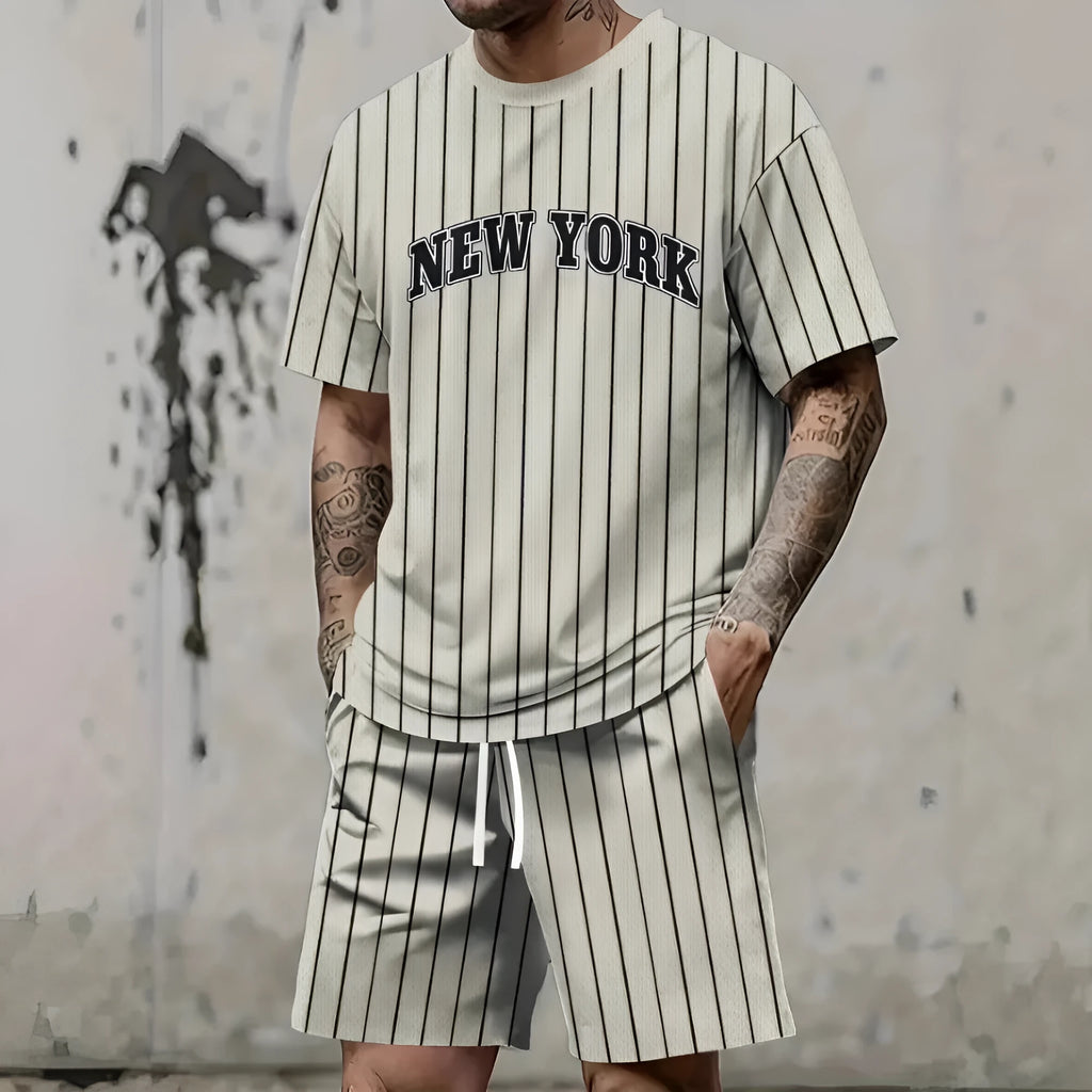 Men's 3D printed letter personality suit set showing short sleeve top and shorts in a bold colour.