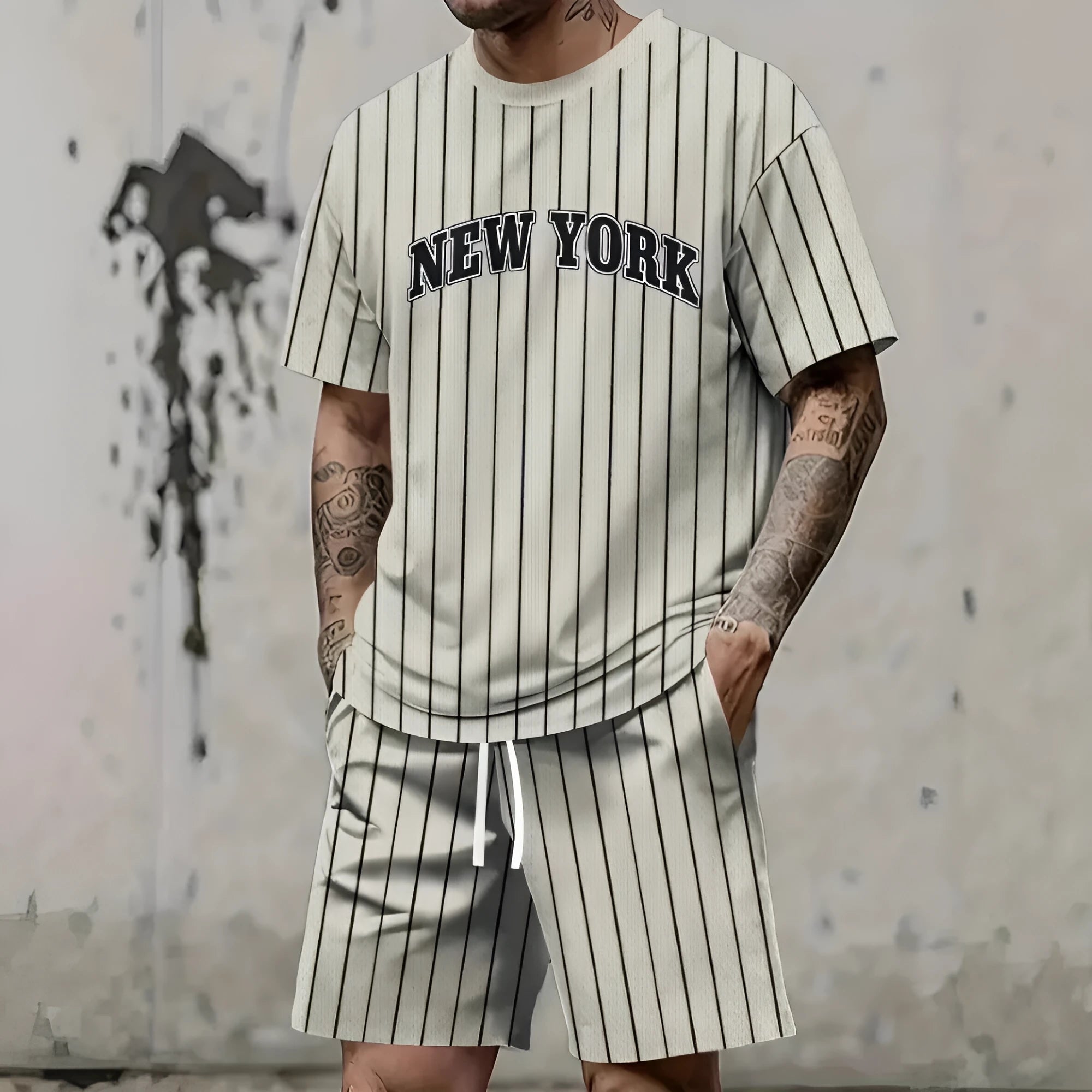 Men's 3D printed letter personality suit set showing short sleeve top and shorts in a bold colour.