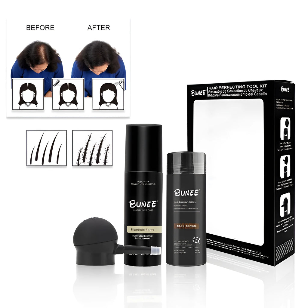 Three-piece hair fibre thickening set: powder canister, nozzle applicator, and shaping spray