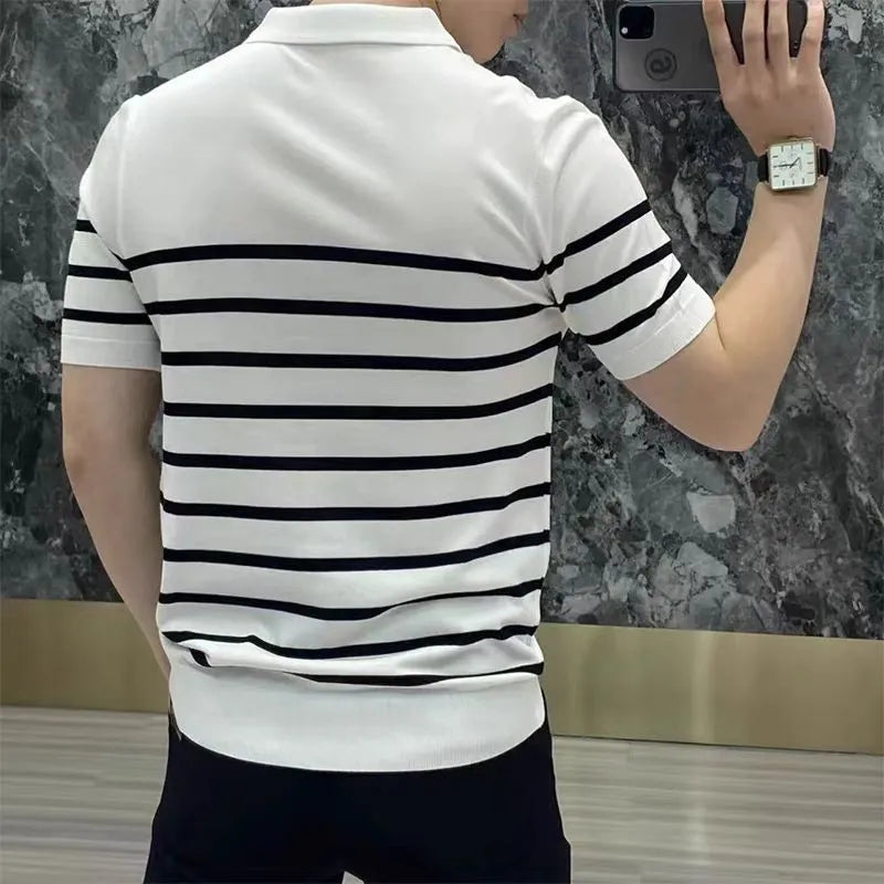 Black and white striped lapel knitted t-shirt laid flat, showing pullover style and non-ironing finish.