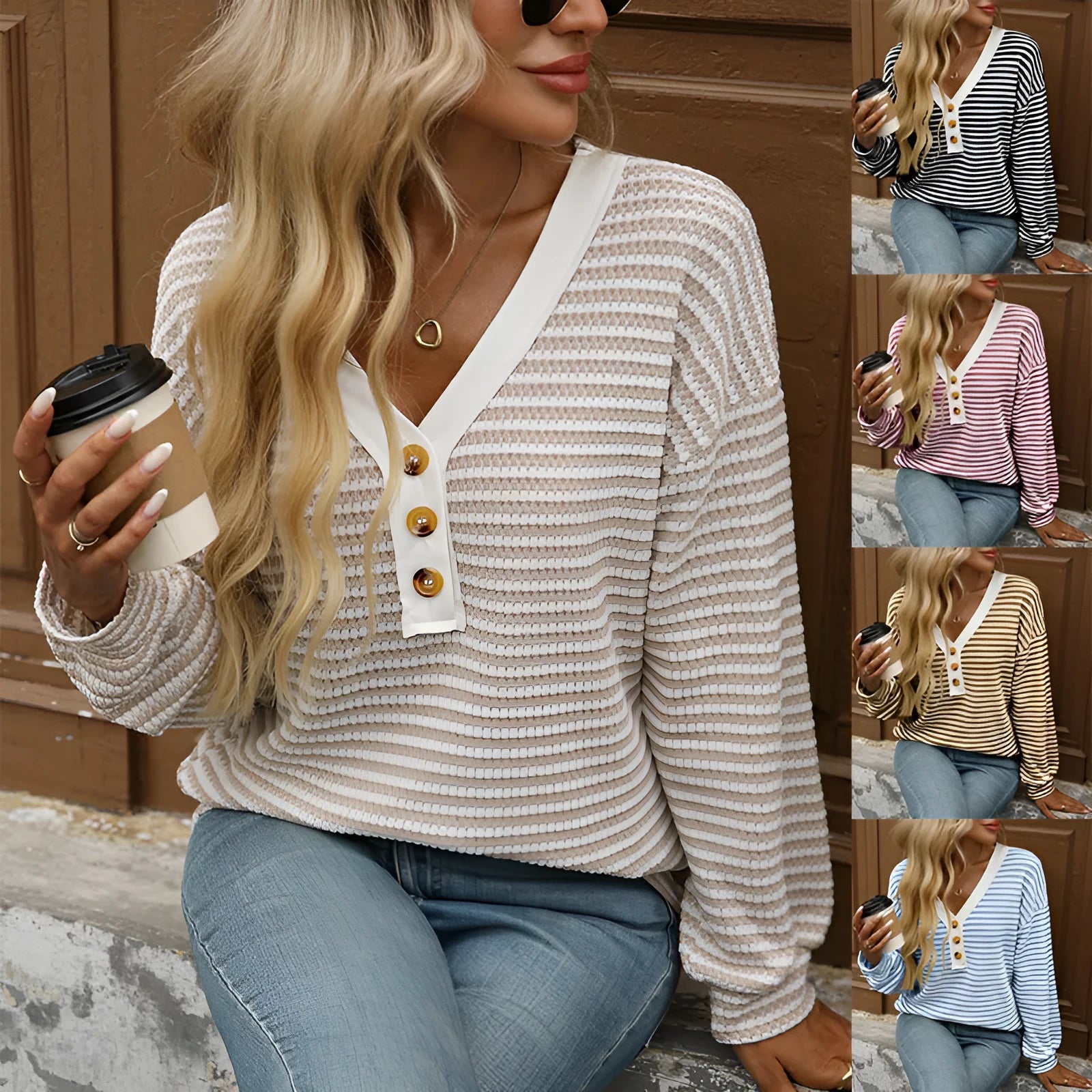 Women's V-neck patchwork pullover top with button detailing in loose casual fit