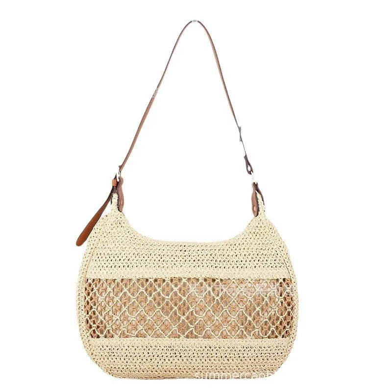 Women's straw cross body bag in horizontal square shape with sandwich pockets, shown in khaki colour