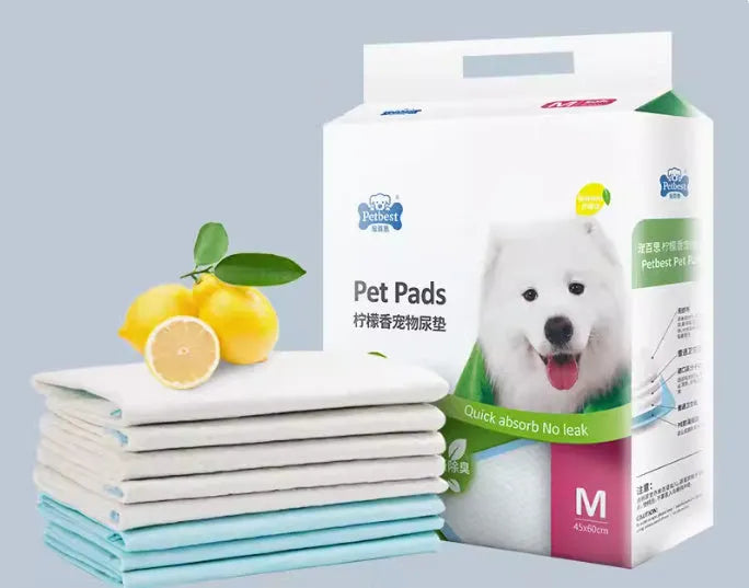 Pack of thickened dog urine pads showing size options and bamboo charcoal or lemon scent variants