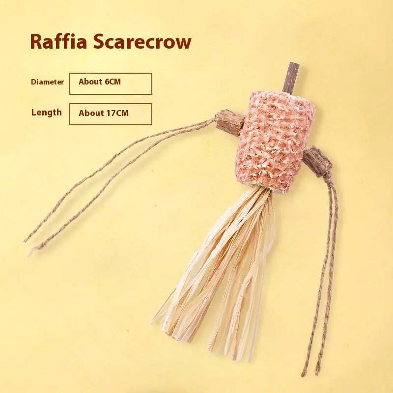 Large wooden cat chew toy with a 2.2cm diameter handle and a dangling teaser with catnip and feathers.