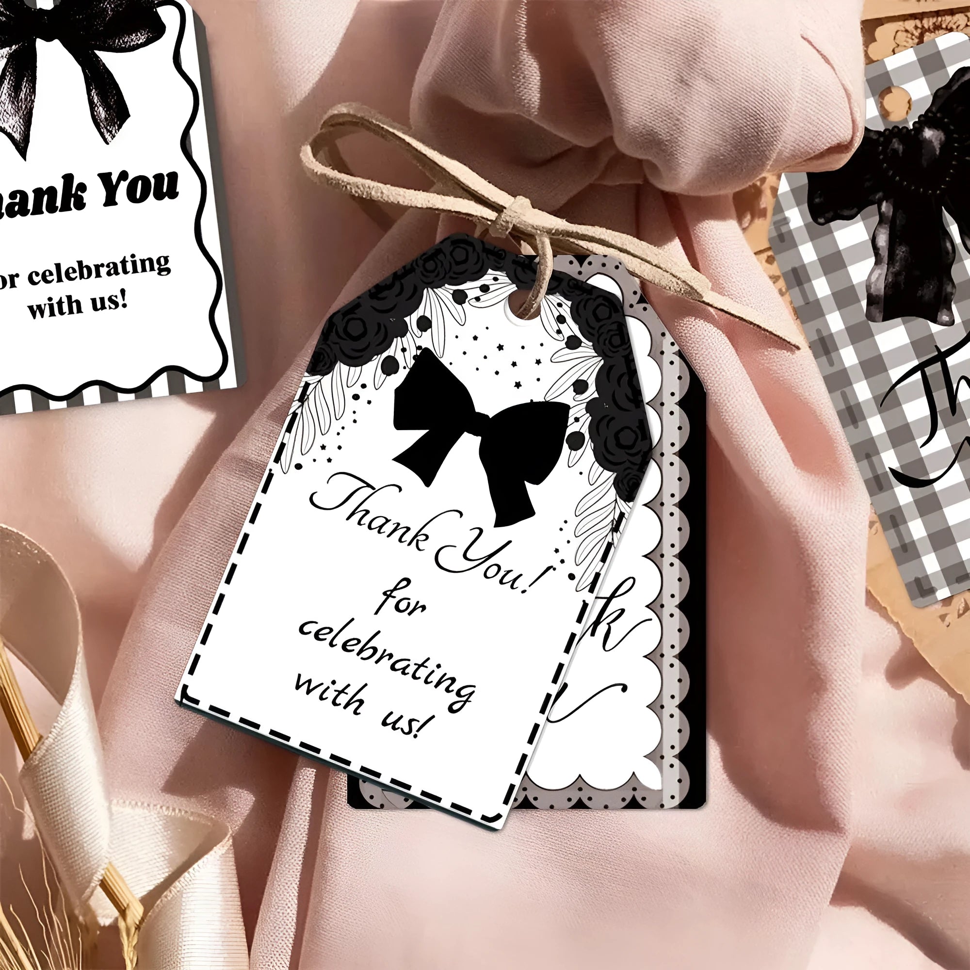 Birthday party gift tags with bowknot designs and natural hemp rope ties