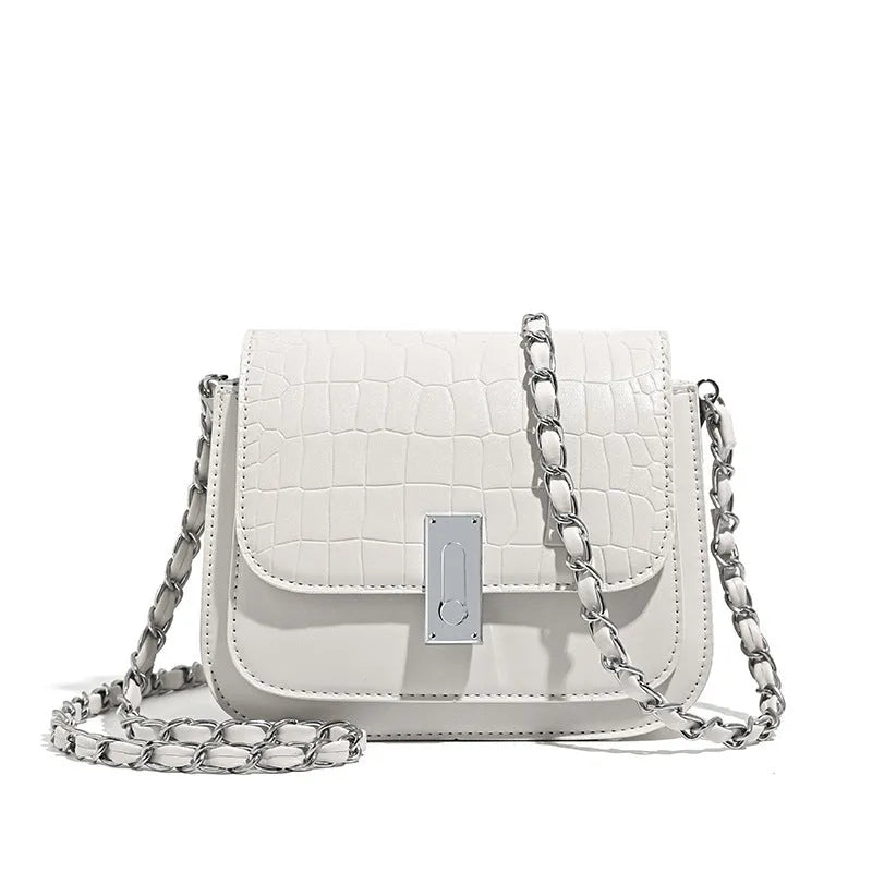 Soft PU women's cross-body chain shoulder bag in horizontal square shape with organised compartments