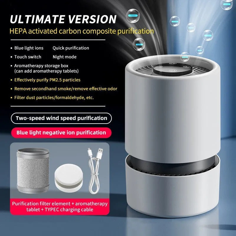 White desktop air purifier with USB cable for formaldehyde and odour removal