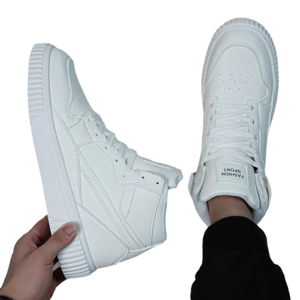 Men's solid white round-toe casual lace-up shoes with a microfiber upper.
