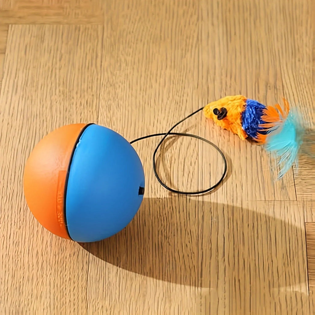 Blue and orange interactive cat toy ball with plush mouse attachment for feline exercise