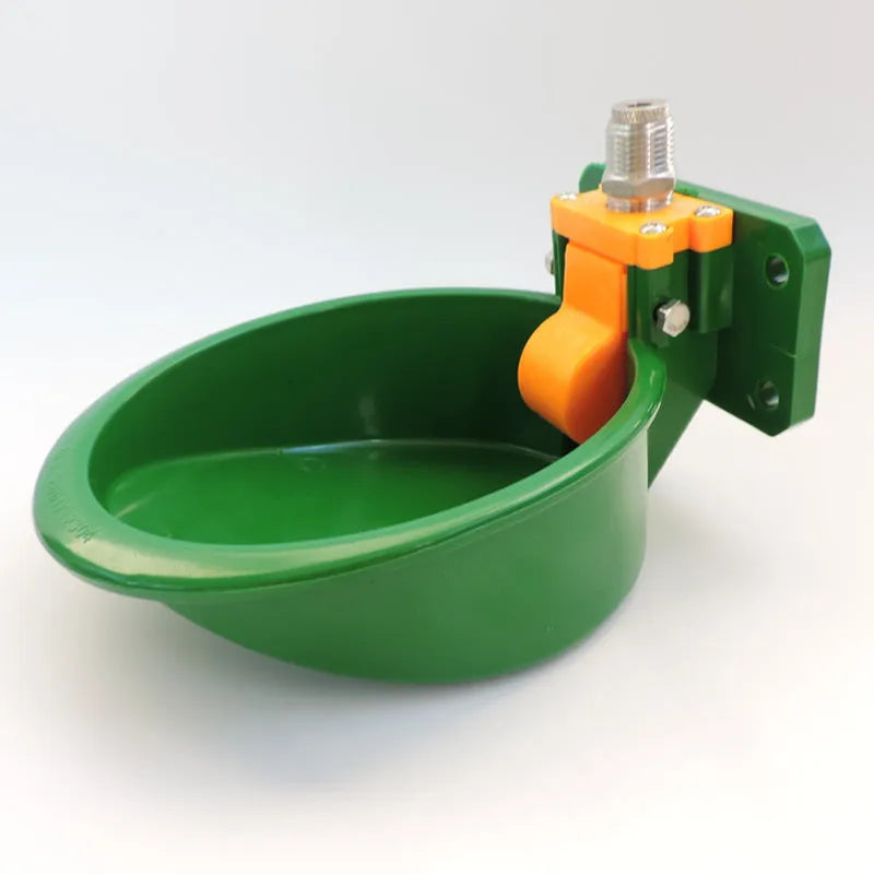 Green plastic livestock drinking bowl with auto water nozzle for farm troughs