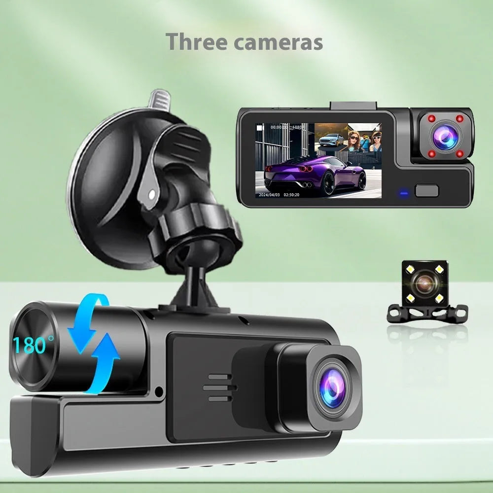 WiFi-enabled car dash cam on windscreen with 2-inch screen and data cable