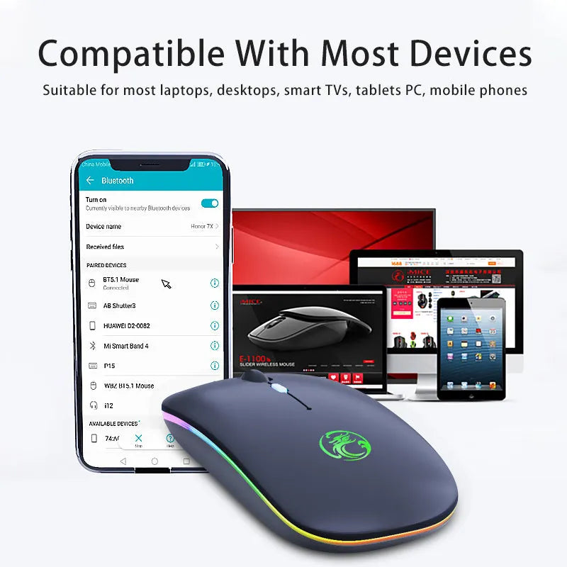 Luminous charging Bluetooth dual-mode wireless silent mouse in black or white with adjustable DPI