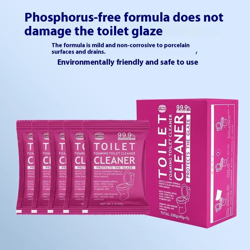 Toilet bubble powder descaling cleaner in blue ocean and pink floral fragrance packages