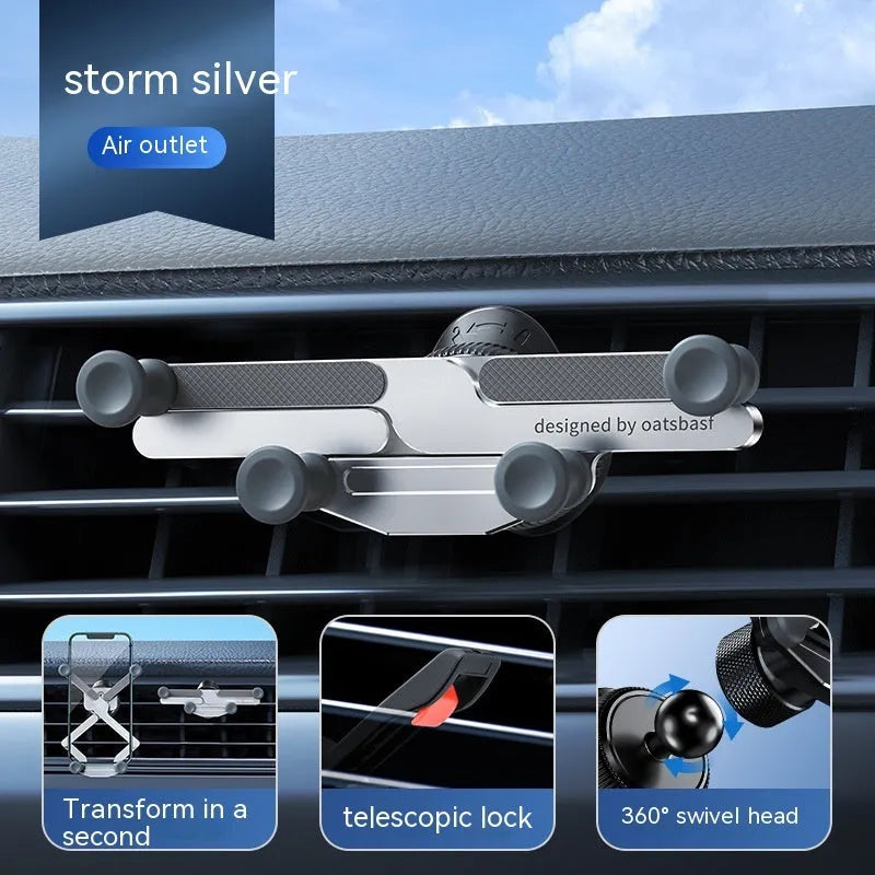 Car mobile phone holder with invisible alloy bracket for air vent or adhesive mounting in black, silver, or grey