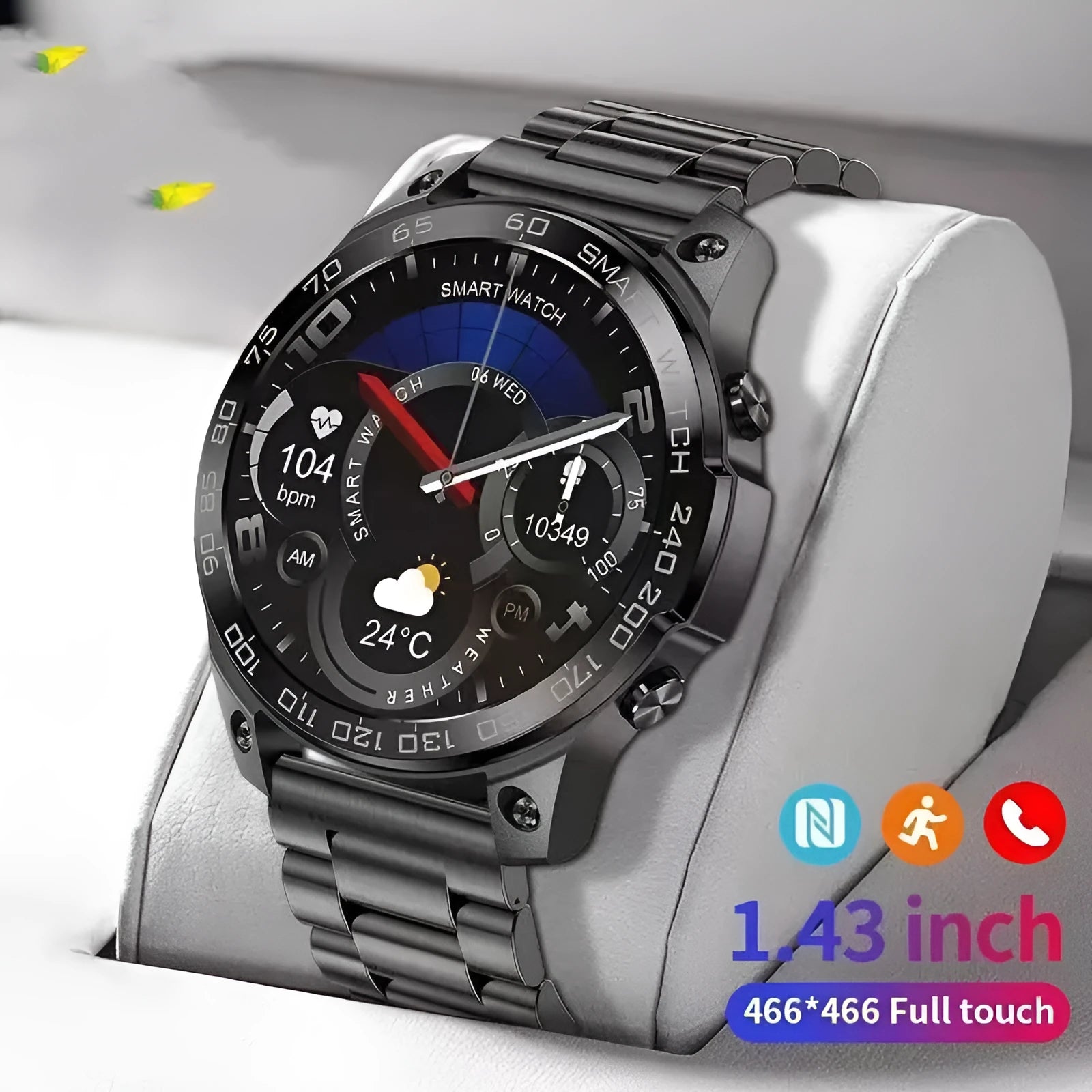 Black sports smartwatch with round AMOLED screen and silicone strap on a wrist, showing fitness stats.
