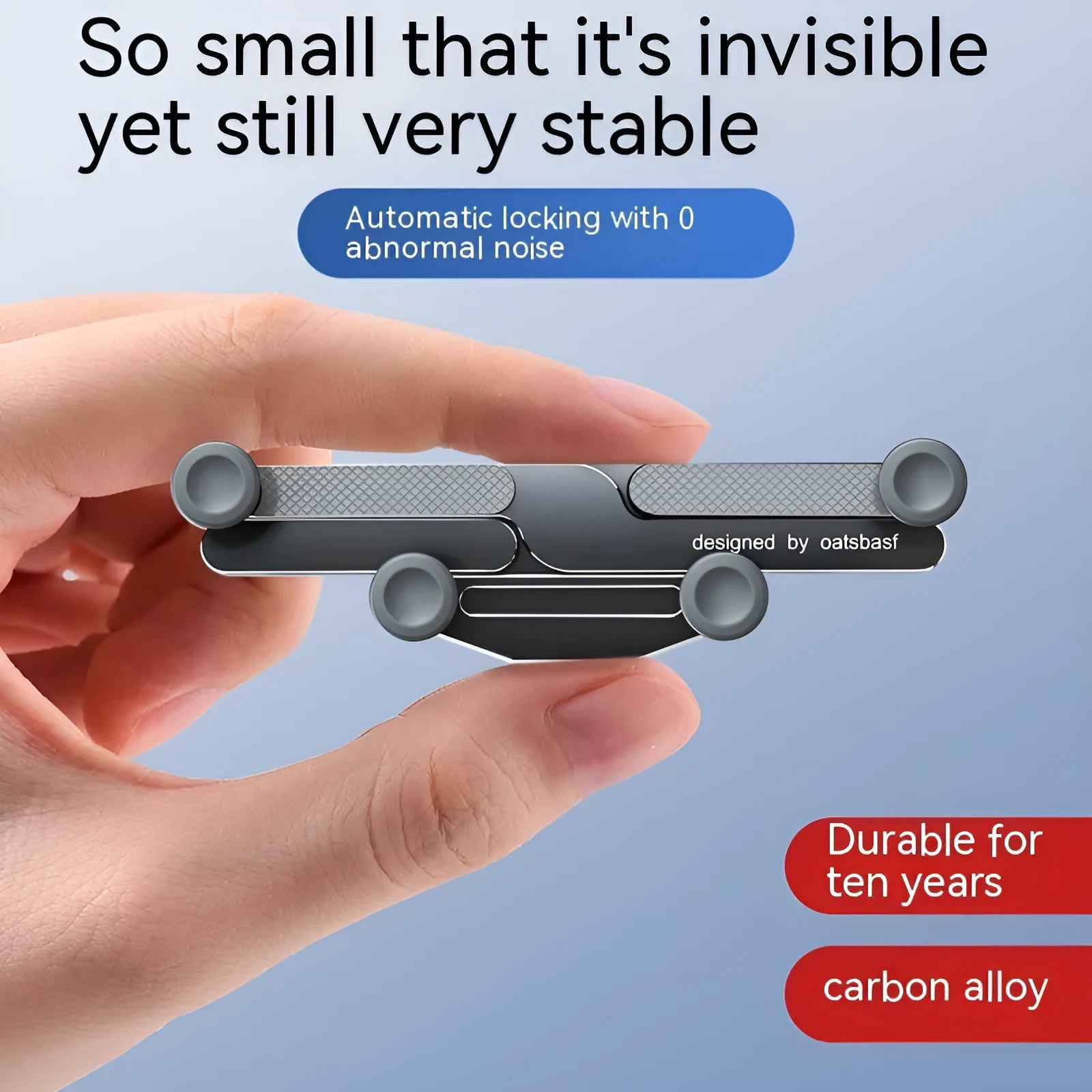 Car mobile phone holder with invisible alloy bracket for air vent or adhesive mounting in black, silver, or grey