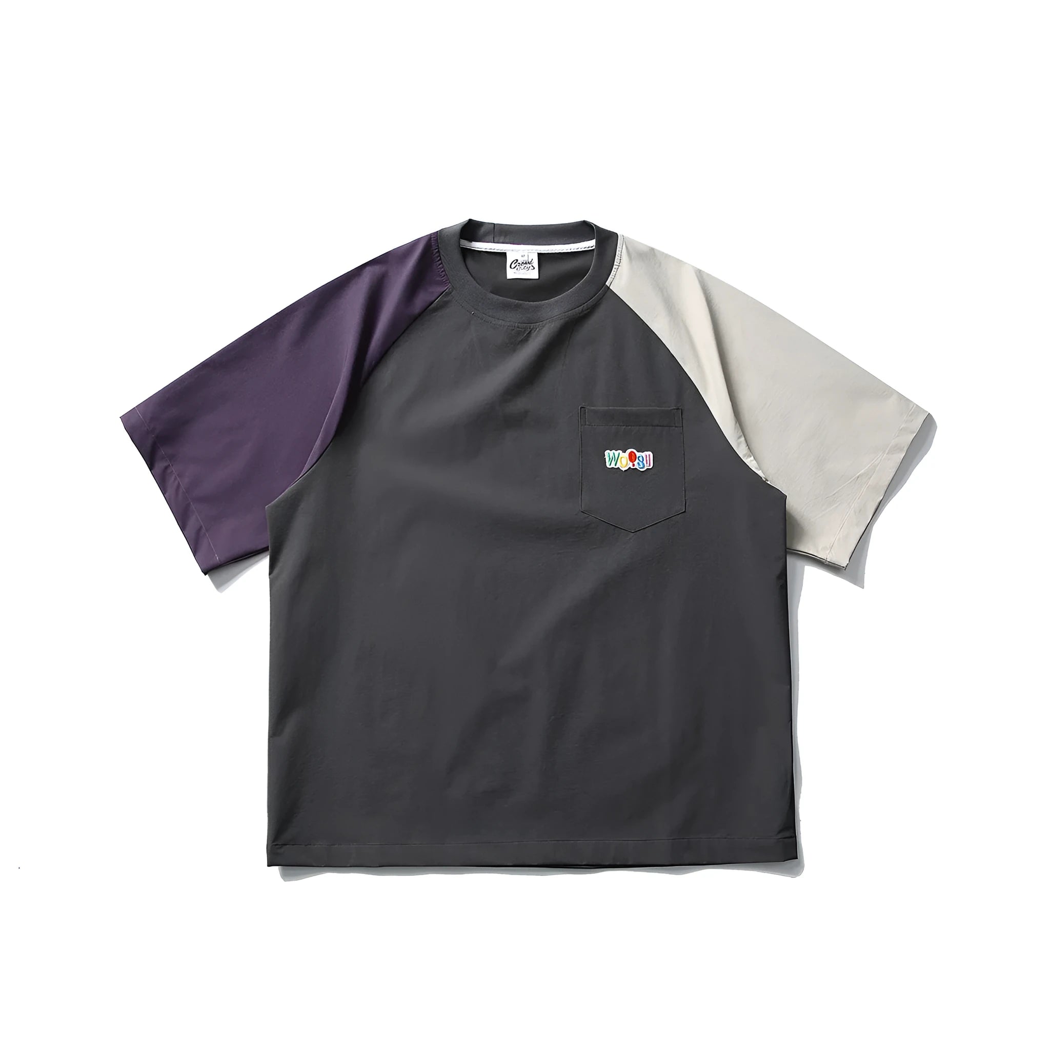 Dark grey men's loose fit t-shirt with light coloured contrast raglan sleeves.