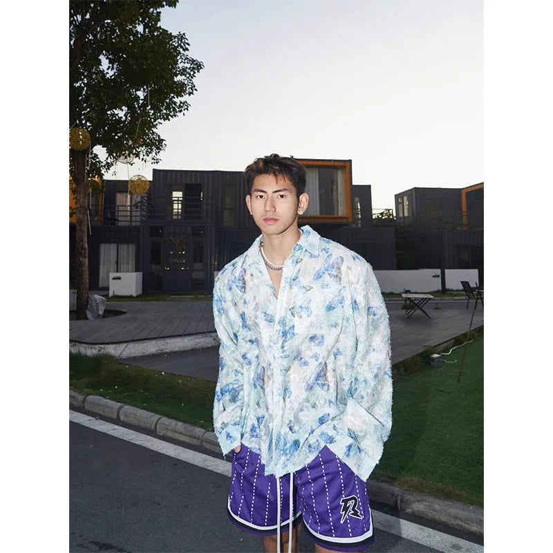 American three-dimensional floral pattern long sleeve shirt in chemical fibre blend polyester with loose fit design