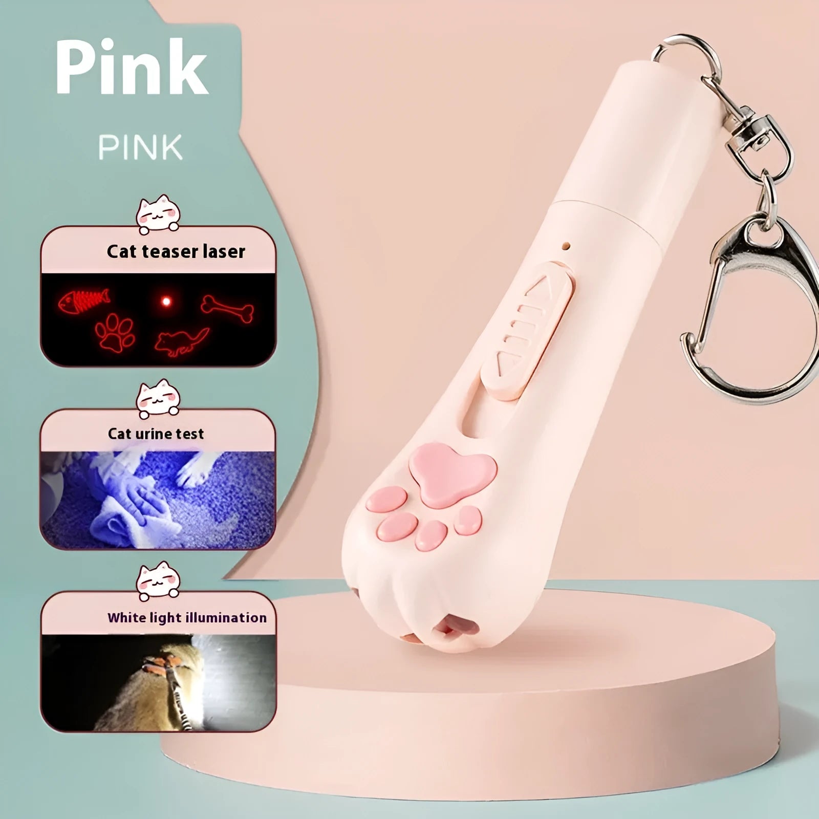Electronic cat teaser with illuminated wand in cream white, pink, and blue colour options