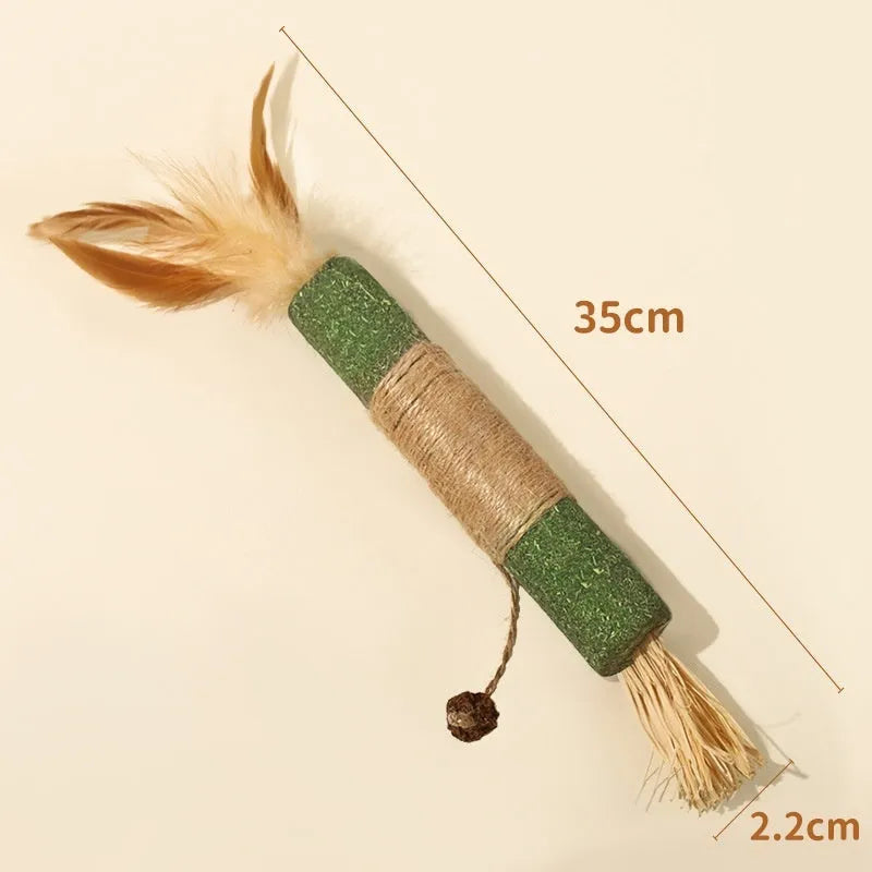Large wooden cat chew toy with a 2.2cm diameter handle and a dangling teaser with catnip and feathers.