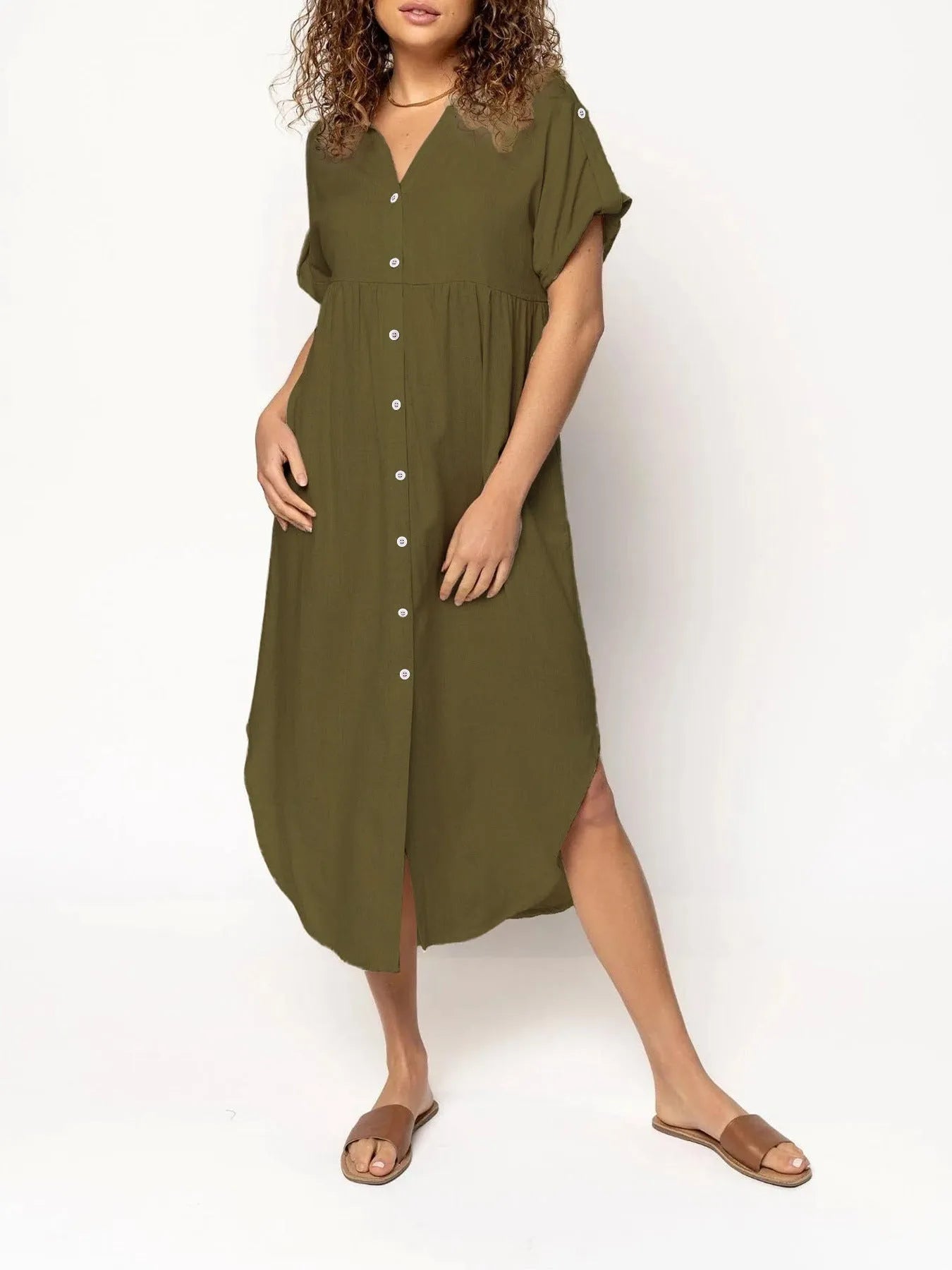 Casual mid-length button-front dress in solid colour with regular sleeves and mid-waist cut