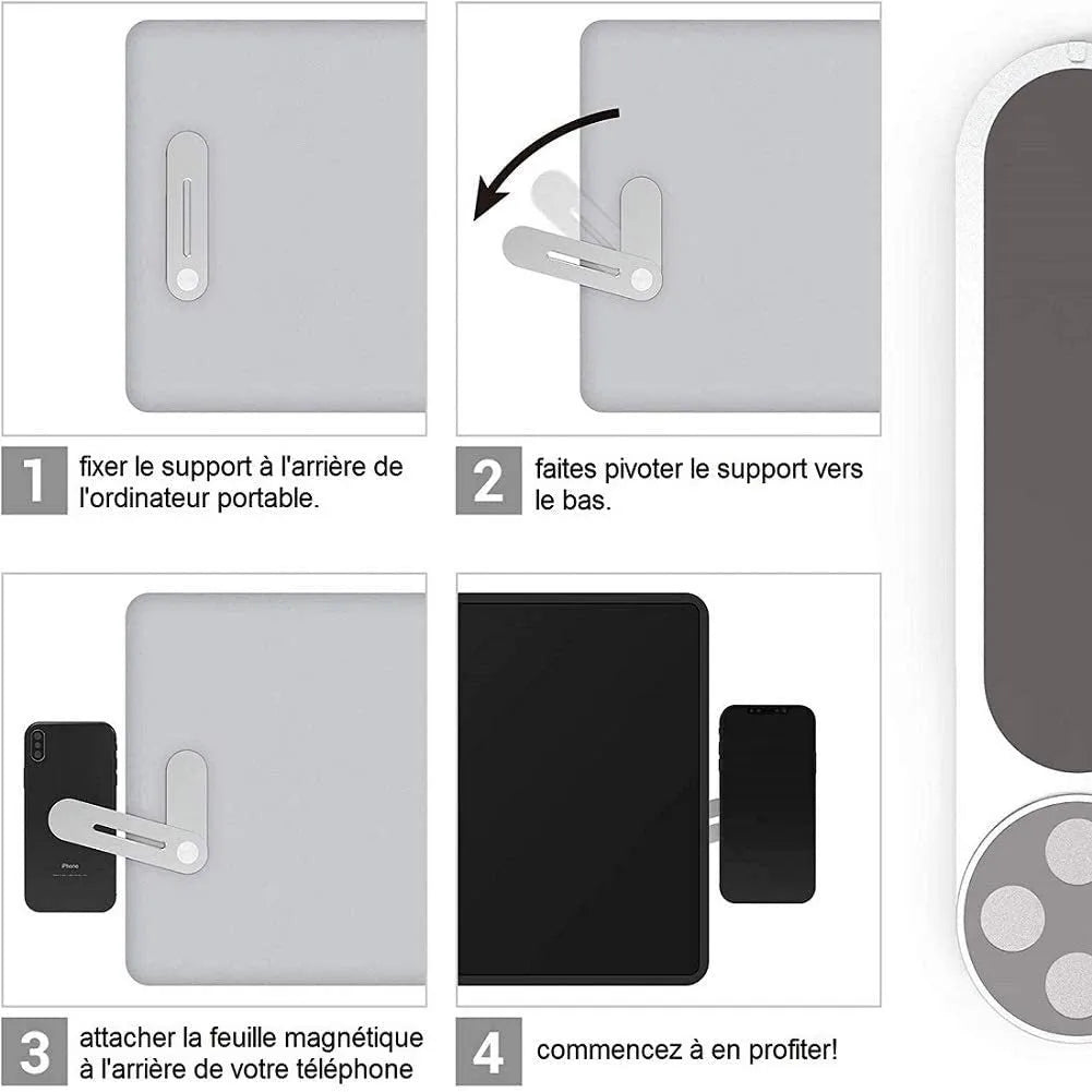 Silver aluminium laptop bracket holding a smartphone next to a laptop screen.