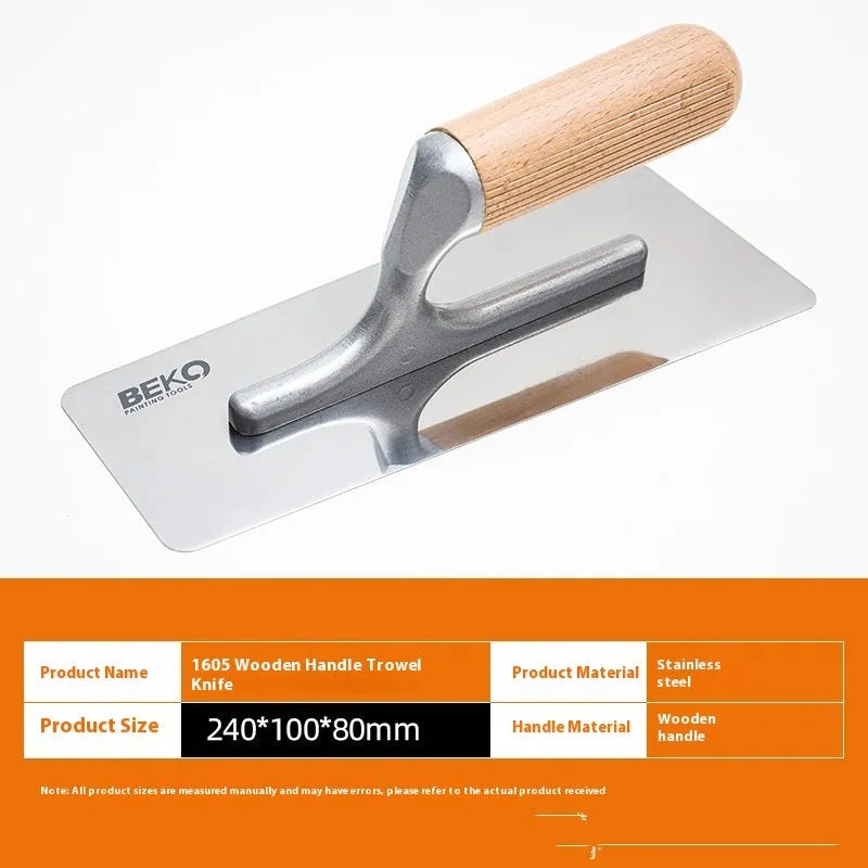 Stainless steel putty scraper tool with wooden handle for decorative floor and wall plastering work