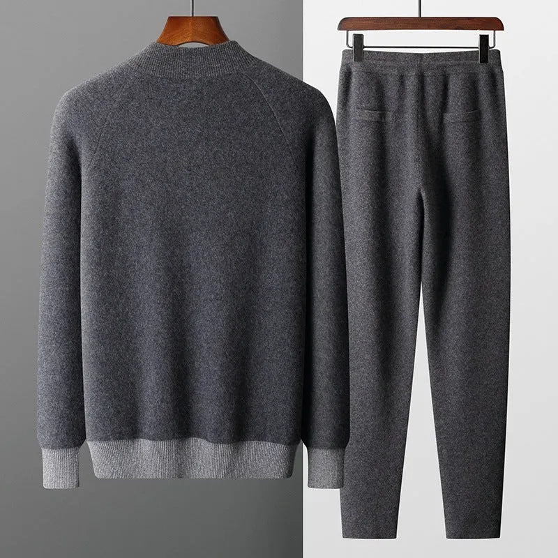 Men's cashmere blend cardigan suit set with half turtleneck top and matching trousers in winter colours