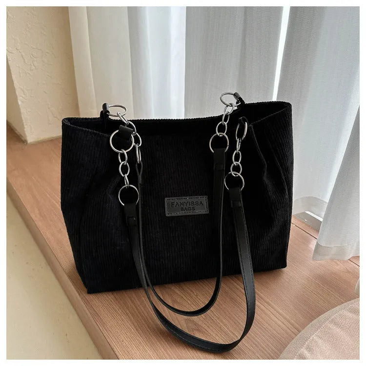 Corduroy one-shoulder tote handbag in street trend style with three-dimensional pocket
