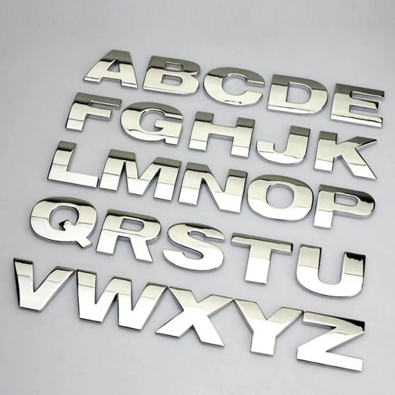 Zinc alloy metal car letter stickers showing A to Z alphabet in 2.5cm size for bumper personalisation
