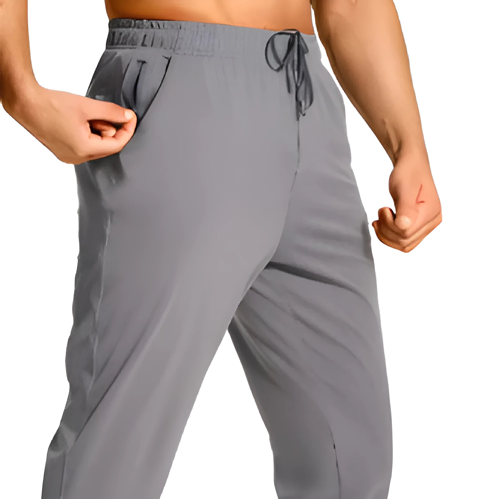 Men's loose-fit casual work trousers in solid colour on hanger, showing relaxed leg cut