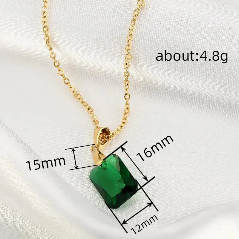 Copper rectangular geometric necklace with quadrilateral pendant on O-ring chain, XL1006 Green colour
